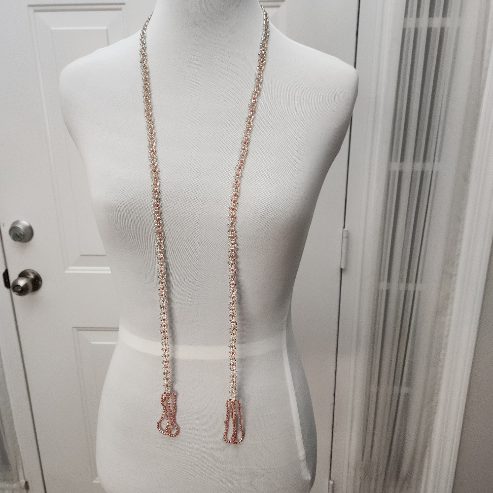 Vintage Handmade Red and Clear Beaded Lariat Necklace 43" Long